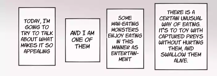 A giant fox girl swallows humans whole while reviewing food in a vore manga