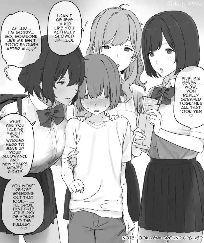 Isshoukenmei tameta okozukai juuman de enjo kousai o boshuu shitara gokuaku oneesan sannin ni me o tsukerarete shimai, tekitou ni shasei saserareta ageku sekkusu mo shite nai noni juuman zengaku fundakureru kawaisou na otoko no ko